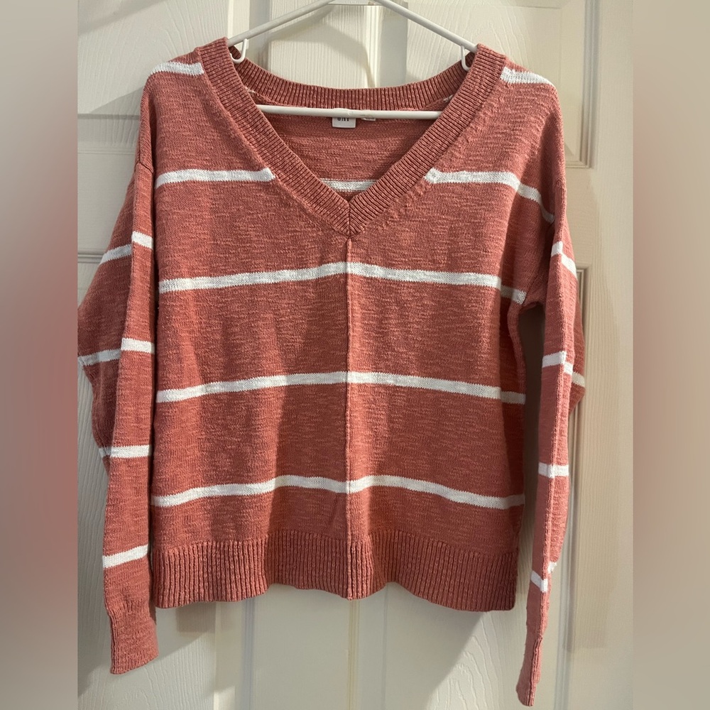 GAP Striped V-Neck Sweater - Rust and White